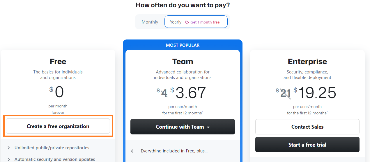 Selecting a GitHub Plan for the new Organization